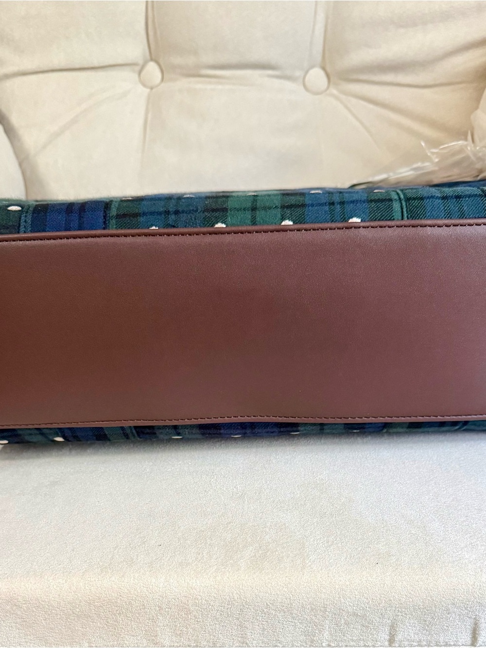 Betsey Johnson Green & Blue Plaid Polka Dot Tote with Brown Trim - Picture 5 of 5